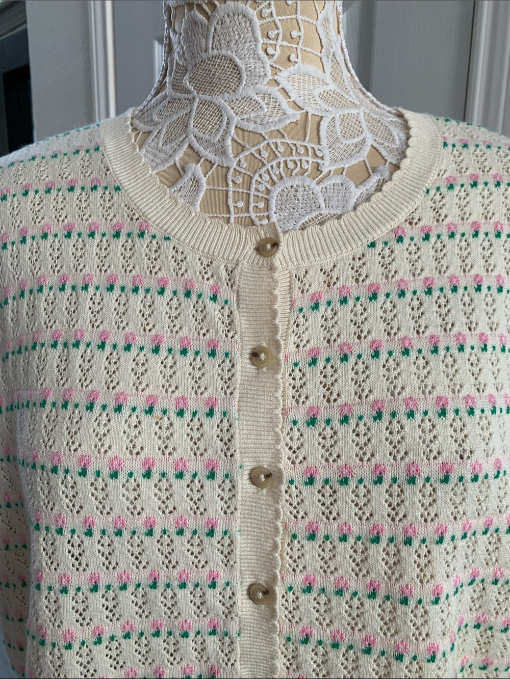 Boden Dot Pointelle Cardigan XL Cream Pink Green Cotton Puff Sleeve Sweater - Picture 8 of 15